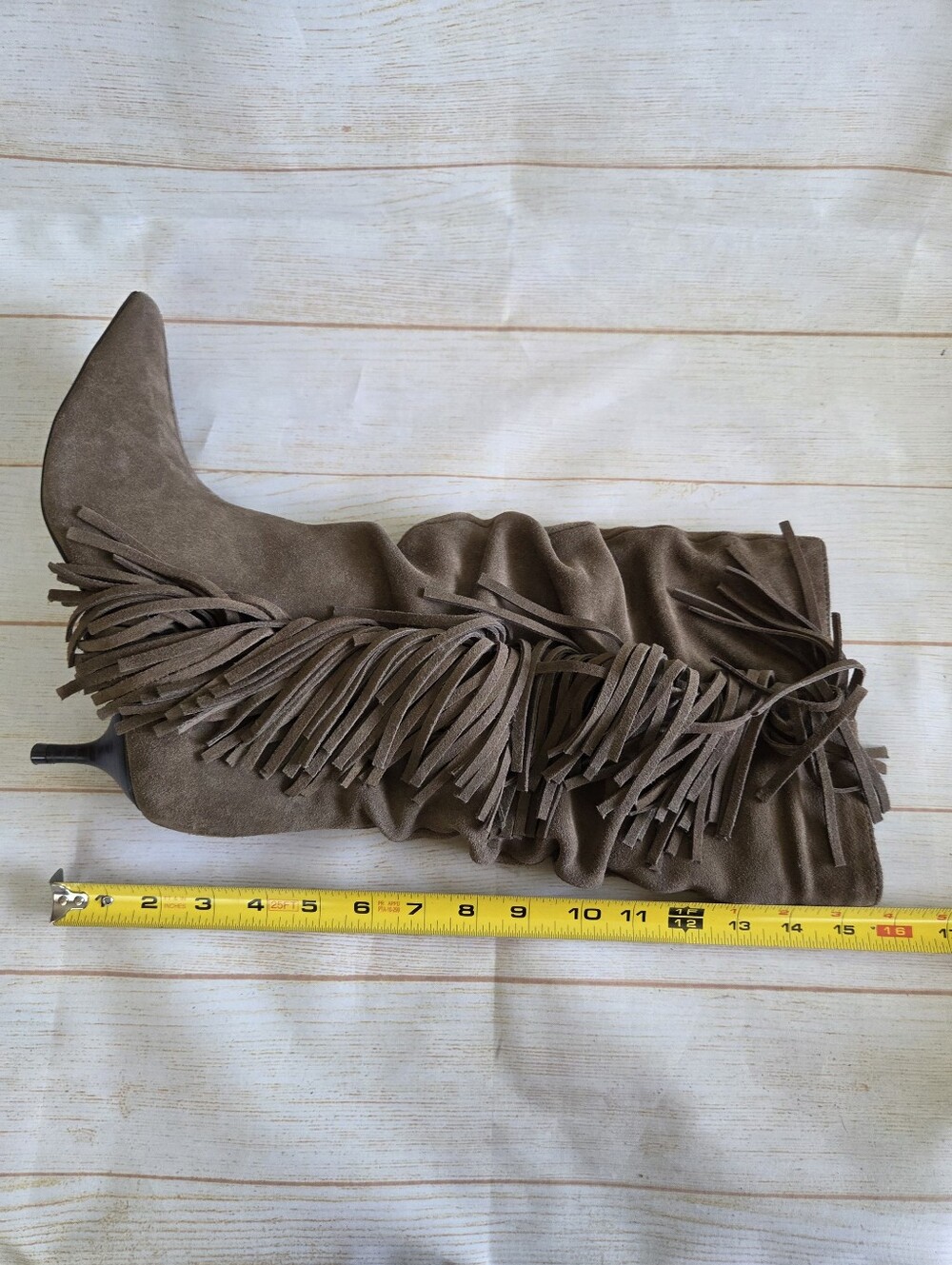 Zara Suede Fringe Ruched Pointy Toe Kitten Heel Boots Boho Brown Tan Size 38 - Picture 15 of 16